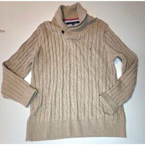 Tommy Hilfiger Wool Blend Cable Knit Pullover XXL Sweater Shawl Collar Beige